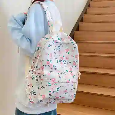 單倉 复古小碎花书包可爱洋气慵懒风背包大学生休闲百搭 尼龙 双肩包 男女同款情侣款 米白色/绿色