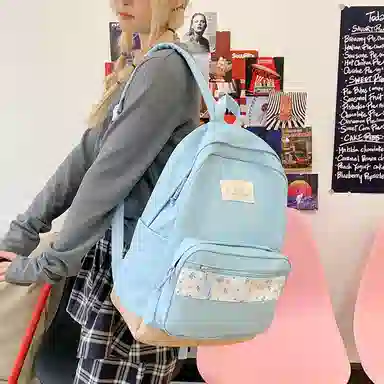 單倉 高颜值小清新印花设计通勤百搭学院风背包初高中轻便耐磨 尼龙布 双肩包 女款 白色/粉色/蓝色/绿色/黑色