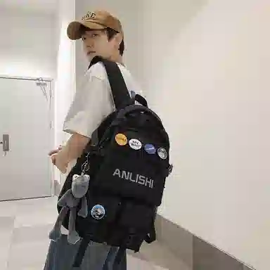 單倉 港风潮流初高中学生大容量轻便书包 尼龙 背包双肩包 男女同款情侣款 黑色/白色/蓝色/灰色