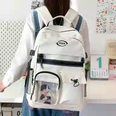 單倉 工装风小众设计感初高中学生百搭大容量轻便书包 复合布 背包双肩包 男女同款情侣款 白色/黑色