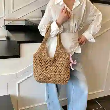單倉 慵懒风编制包海边度假沙滩休闲百搭 草编 单肩包 常规 女款 米白色/卡其色