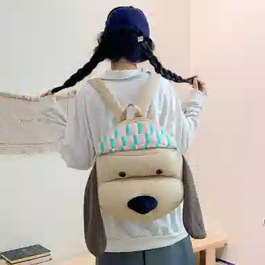 單倉 可爱搞怪小狗玩偶设计背包旅行日常通勤百搭学院风 布 双肩包 女款 卡其色