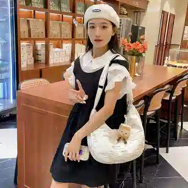 單倉 韩版高颜值初高中学生大容量斜挎包时尚设计百搭手提包帆布包 帆布 手拎单肩包 女款 白色/粉色/黄色/黑色