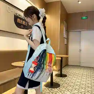 單倉 扎染个性涂鸦小众抽象设计学生通勤百搭背包潮流初高中学生大容量轻便耐磨书包 尼龙 双肩包 常规 女款 黄色/蓝色/绿色/黑色
