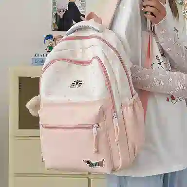 單倉 高颜值印花设计通勤百搭学院风背包初高中学生大容量轻便耐磨书包 涤纶 双肩包 常规 男女同款情侣款 粉色/红色/卡其色/黑色