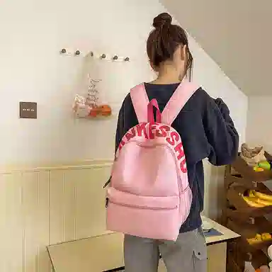 單倉 字母印花清新设计通勤百搭学院风背包初高中学生大容量轻便耐磨书包 尼龙 双肩包 常规 女款 粉色/红色/黄色/紫色/灰色/黑色