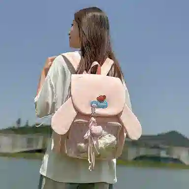 單倉 甜美韩系可爱兔子耳朵设计背包学院风初高中学生大容量通勤百搭书包 尼龙 双肩痛包 常规 女款 粉色/米白色/黄色/紫色/黑色/绿色
