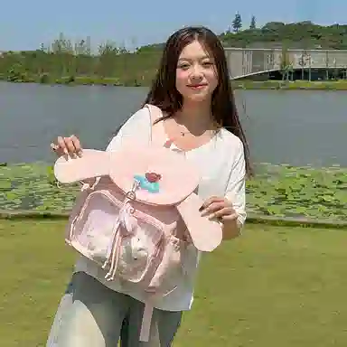 單倉 甜美韩系可爱兔子耳朵设计背包学院风初高中学生大容量通勤百搭书包 尼龙 双肩痛包 常规 女款 粉色/米白色/黄色/紫色/黑色/绿色