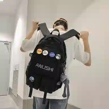 單倉 港风潮流初高中学生大容量轻便书包 尼龙 背包双肩包 男女同款情侣款 黑色/白色/蓝色/灰色