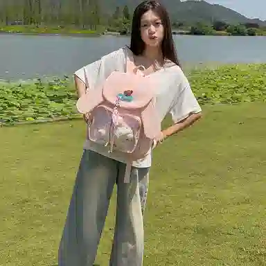 單倉 甜美韩系可爱兔子耳朵设计背包学院风初高中学生大容量通勤百搭书包 尼龙 双肩痛包 常规 女款 粉色/米白色/黄色/紫色/黑色/绿色