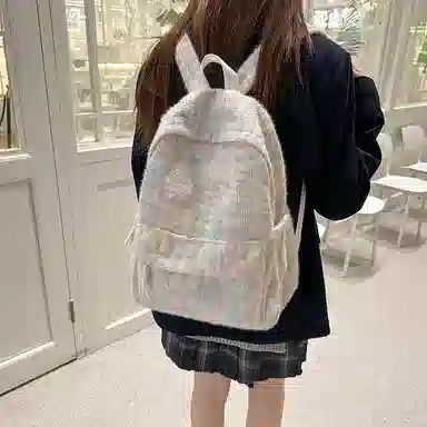 單倉 日系高颜值毛绒针织韩版通勤百搭多巴胺大容量初高中学生书包小众设计 尼龙 背包双肩包 女款 黄色/绿色/白横条/红横条