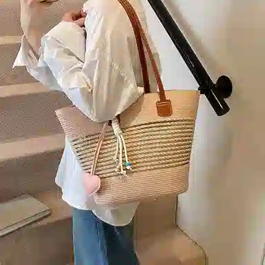 單倉 海边度假沙滩包时尚百搭草编腋下 编织 托特包手提单肩包 女款 卡其色/米白色/粉色/绿色