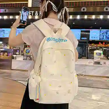 單倉 高颜值可爱印花时尚设计通勤百搭背包学院风初高中学生大容量轻便耐磨书包 尼龙 双肩包 常规 女款 白色/粉色/黄色/蓝色/绿色