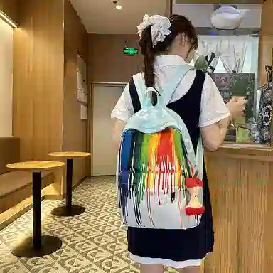 單倉 扎染个性涂鸦小众抽象设计学生通勤百搭背包潮流初高中学生大容量轻便耐磨书包 尼龙 双肩包 常规 女款 黄色/蓝色/绿色/黑色