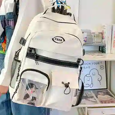 單倉 工装风小众设计感初高中学生百搭大容量轻便书包 复合布 背包双肩包 男女同款情侣款 白色/黑色