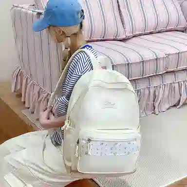 單倉 高颜值小清新印花设计通勤百搭学院风背包初高中轻便耐磨 尼龙布 双肩包 女款 白色/粉色/蓝色/绿色/黑色