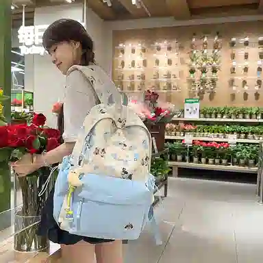 單倉 高颜值印花设计学院风轻便耐磨书包初高中学生大容量通勤百搭背包 尼龙 双肩包 常规 男女同款情侣款 黑色/粉色/蓝色/绿色/黄色