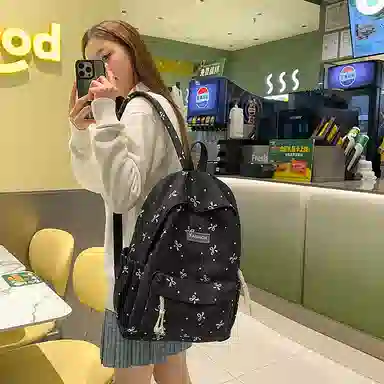 單倉 高颜值小众设计印花背包通勤百搭初高中学生大容量书包 尼龙 双肩包 常规 女款 白红花色/白黑花色/白蓝花色/紫色/黑色