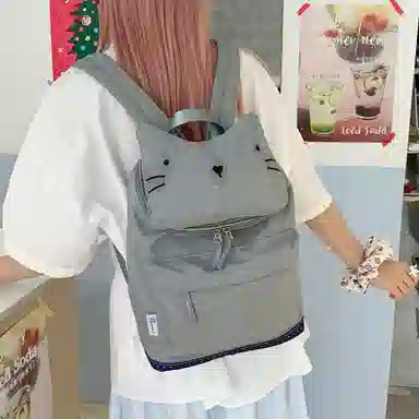 單倉 可爱猫咪卡通时尚设计学院风轻便耐磨背包精致高品质初高中学生大容量通勤百搭书包 尼龙布 双肩包 常规 男女同款情侣款 灰色