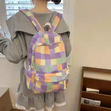 單倉 多巴胺七彩初高中学生复古格子通勤百搭大容量 尼龙 背包书包双肩包 女款 蓝绿色/紫粉色/蓝紫色/蓝白色
