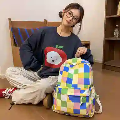 單倉 多巴胺七彩初高中学生复古格子通勤百搭大容量 尼龙 背包书包双肩包 女款 蓝绿色/紫粉色/蓝紫色/蓝白色