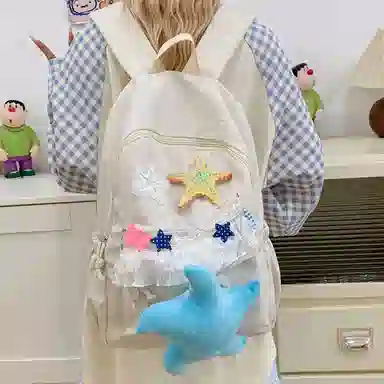 單倉 可爱卡通高颜值蕾丝设计通勤百搭学院风背包初高中学生大容量轻便耐磨书包 尼龙布 双肩包 常规 女款 白色/黄色