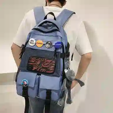 單倉 港风潮流初高中学生大容量轻便书包 尼龙 背包双肩包 男女同款情侣款 黑色/白色/蓝色/灰色