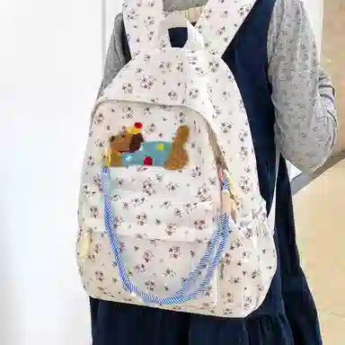 單倉 可爱腊肠狗波点初高中学生书包百搭背包 尼龙 双肩包 常规 女款 多色