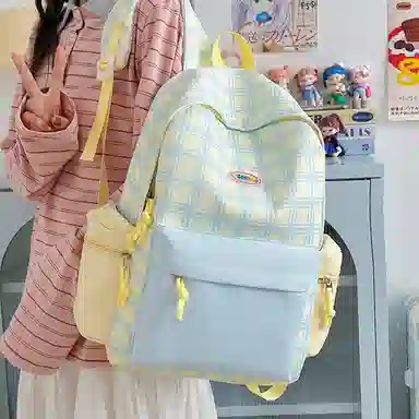 單倉 可爱格子小清新学院风通勤百搭 尼龙 双肩包 常规 女款 粉拼绿色/黄拼蓝色