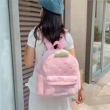 單倉 可爱毛绒草莓卡通玩偶时尚设计通勤百搭背包甜美舒适初高中学生大容量轻便耐磨书包 毛料 双肩包 常规 女款 粉色
