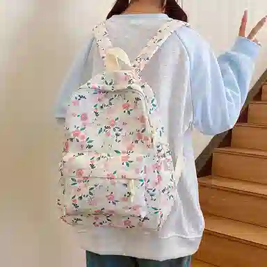 單倉 复古小碎花书包可爱洋气慵懒风背包大学生休闲百搭 尼龙 双肩包 男女同款情侣款 米白色/绿色