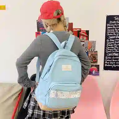 單倉 高颜值小清新印花设计通勤百搭学院风背包初高中轻便耐磨 尼龙布 双肩包 女款 白色/粉色/蓝色/绿色/黑色