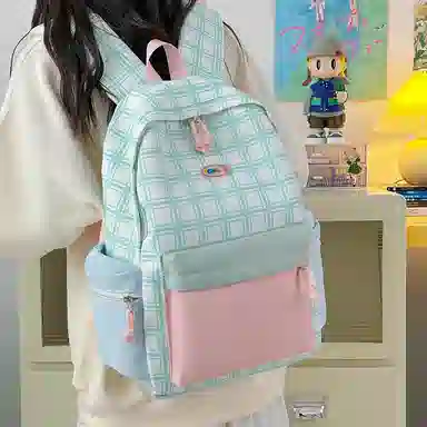 單倉 可爱格子小清新学院风通勤百搭 尼龙 双肩包 常规 女款 粉拼绿色/黄拼蓝色