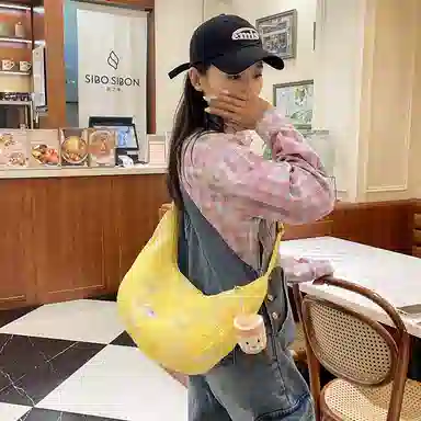 單倉 韩版高颜值初高中学生大容量斜挎包时尚设计百搭手提包帆布包 帆布 手拎单肩包 女款 白色/粉色/黄色/黑色