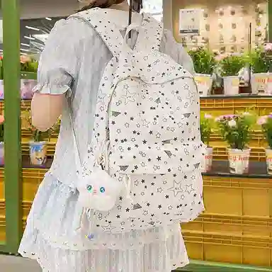 單倉 高颜值时尚星星卡通印花设计学院风通勤百搭背包初高中学生大容量轻便耐磨书包 尼龙 双肩包 常规 女款 白色/粉色/蓝色/黑色