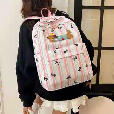 單倉 可爱条纹蝴蝶结腊肠狗小清新设计学院风背包初高中学生大容量轻便耐磨书包 尼龙 双肩包 常规 女款 粉色/蓝色/黑色
