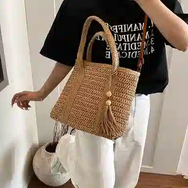 單倉 海边旅行度假编织托特包法式时尚简约百搭 草编 手提斜挎单肩包 女款 卡其色/米白色
