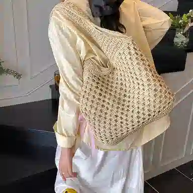 單倉 慵懒风编制包海边度假沙滩休闲百搭 草编 单肩包 常规 女款 米白色/卡其色