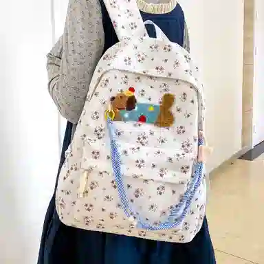 單倉 可爱腊肠狗波点初高中学生书包百搭背包 尼龙 双肩包 常规 女款 多色