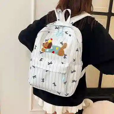單倉 可爱条纹蝴蝶结腊肠狗小清新设计学院风背包初高中学生大容量轻便耐磨书包 尼龙 双肩包 常规 女款 粉色/蓝色/黑色