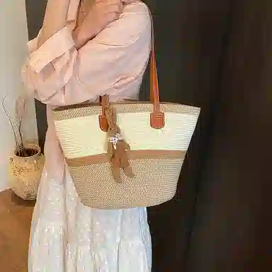 單倉 编织海边沙滩托特包 草编 手提单肩包 女款 卡其色/黑色
