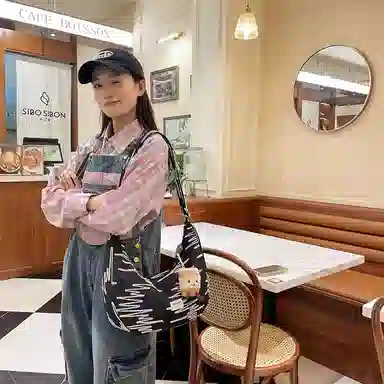 單倉 韩版高颜值初高中学生大容量斜挎包时尚设计百搭手提包帆布包 帆布 手拎单肩包 女款 白色/粉色/黄色/黑色