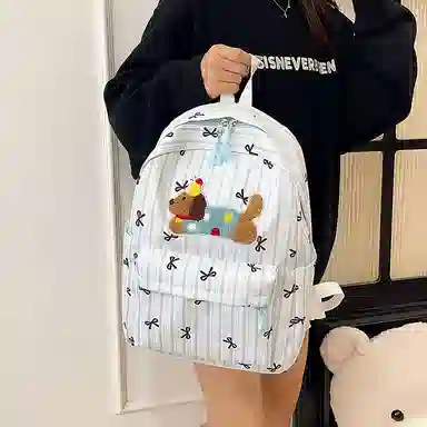 單倉 可爱条纹蝴蝶结腊肠狗小清新设计学院风背包初高中学生大容量轻便耐磨书包 尼龙 双肩包 常规 女款 粉色/蓝色/黑色