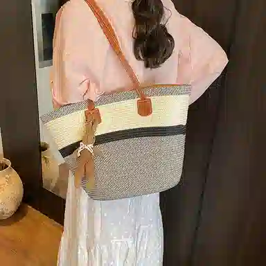 單倉 编织海边沙滩托特包 草编 手提单肩包 女款 卡其色/黑色