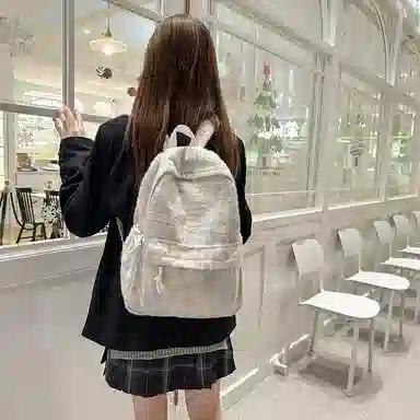 單倉 日系高颜值毛绒针织韩版通勤百搭多巴胺大容量初高中学生书包小众设计 尼龙 背包双肩包 女款 黄色/绿色/白横条/红横条