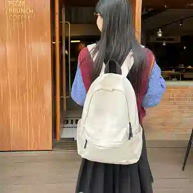 單倉 时尚简约纯色初高中学生大容量轻便学院风百搭书包 尼龙 背包双肩包 常规 男女同款情侣款 黑色/酒红色/浅蓝色/米白色
