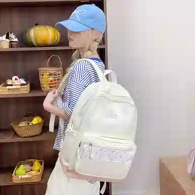 單倉 高颜值小清新印花设计通勤百搭学院风背包初高中轻便耐磨 尼龙布 双肩包 女款 白色/粉色/蓝色/绿色/黑色