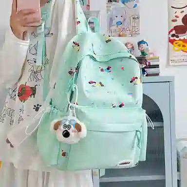 單倉 可爱印花时尚设计学院风通勤百搭学院风背包初高中学生大容量轻便耐磨书包 尼龙 双肩包 常规 女款 粉色/蓝色/黄色/绿色