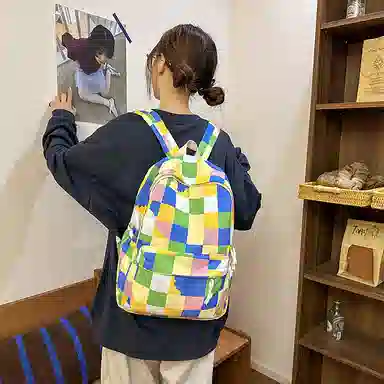 單倉 多巴胺七彩初高中学生复古格子通勤百搭大容量 尼龙 背包书包双肩包 女款 蓝绿色/紫粉色/蓝紫色/蓝白色