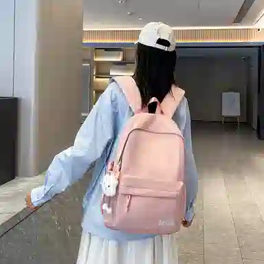 單倉 日系通勤百搭字母设计书包初高中学生大容量通勤百搭书包 尼龙 双肩包 常规 男女同款情侣款 粉色/紫色/黄色/蓝色/卡其色/黑色